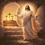 Radiant figure in flowing robes emerges from a tomb, with three crosses on a hill at sunrise. Size - 40cm x 40cm