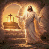 Radiant figure in flowing robes emerges from a tomb, with three crosses on a hill at sunrise. Size - 50cm x 50cm