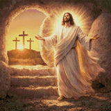 Radiant figure in flowing robes emerges from a tomb, with three crosses on a hill at sunrise. Size - 60cm x 60cm