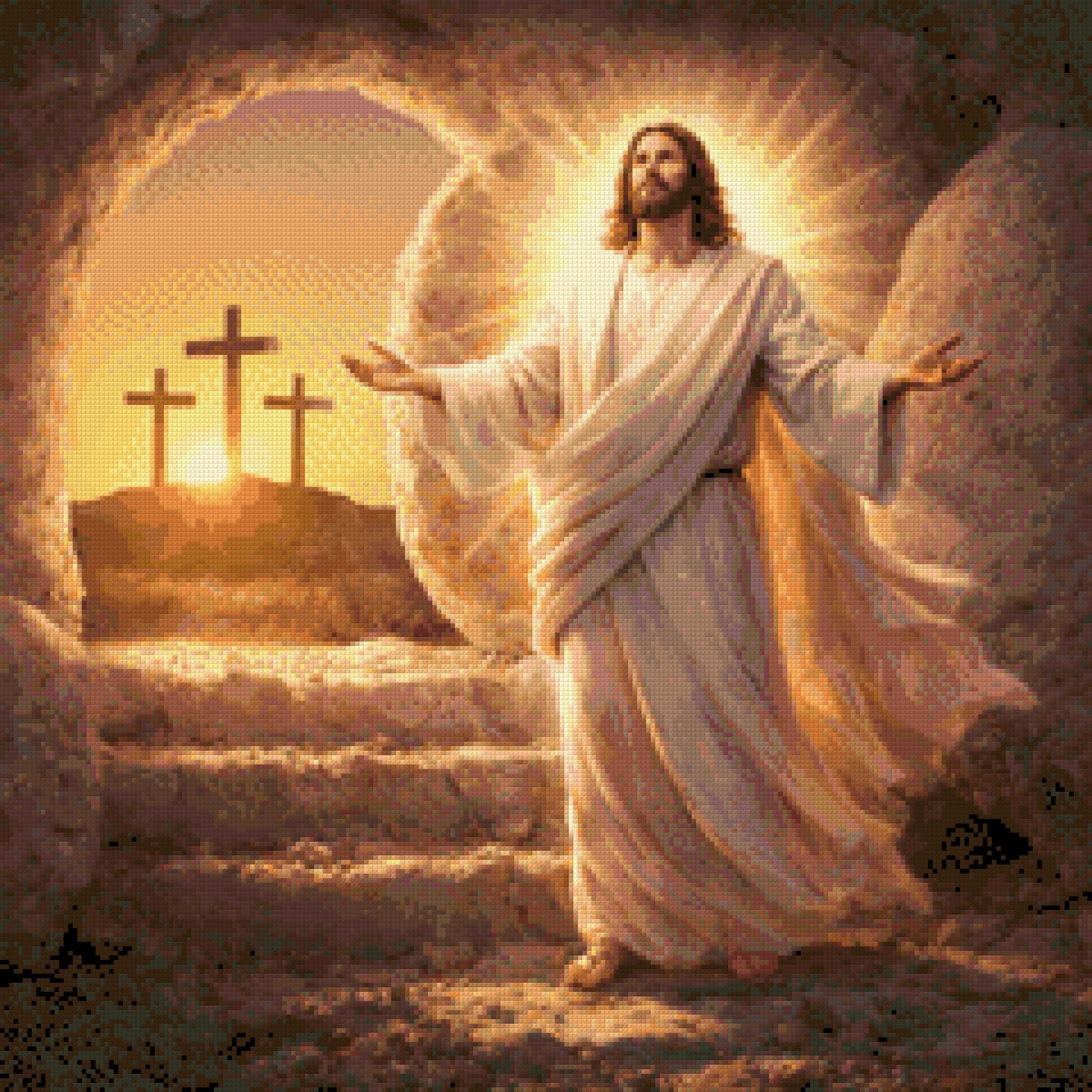 Radiant figure in flowing robes emerges from a tomb, with three crosses on a hill at sunrise. Size - 60cm x 60cm