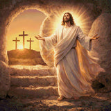 Radiant figure in flowing robes emerges from a tomb, with three crosses on a hill at sunrise. Size - 80cm x 80cm