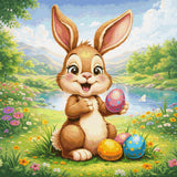 Cheerful bunny holding a colourful Easter egg in a meadow. Size - 100cm x 100cm