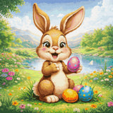 Cheerful bunny holding a colourful Easter egg in a meadow. Size - 50cm x 50cm