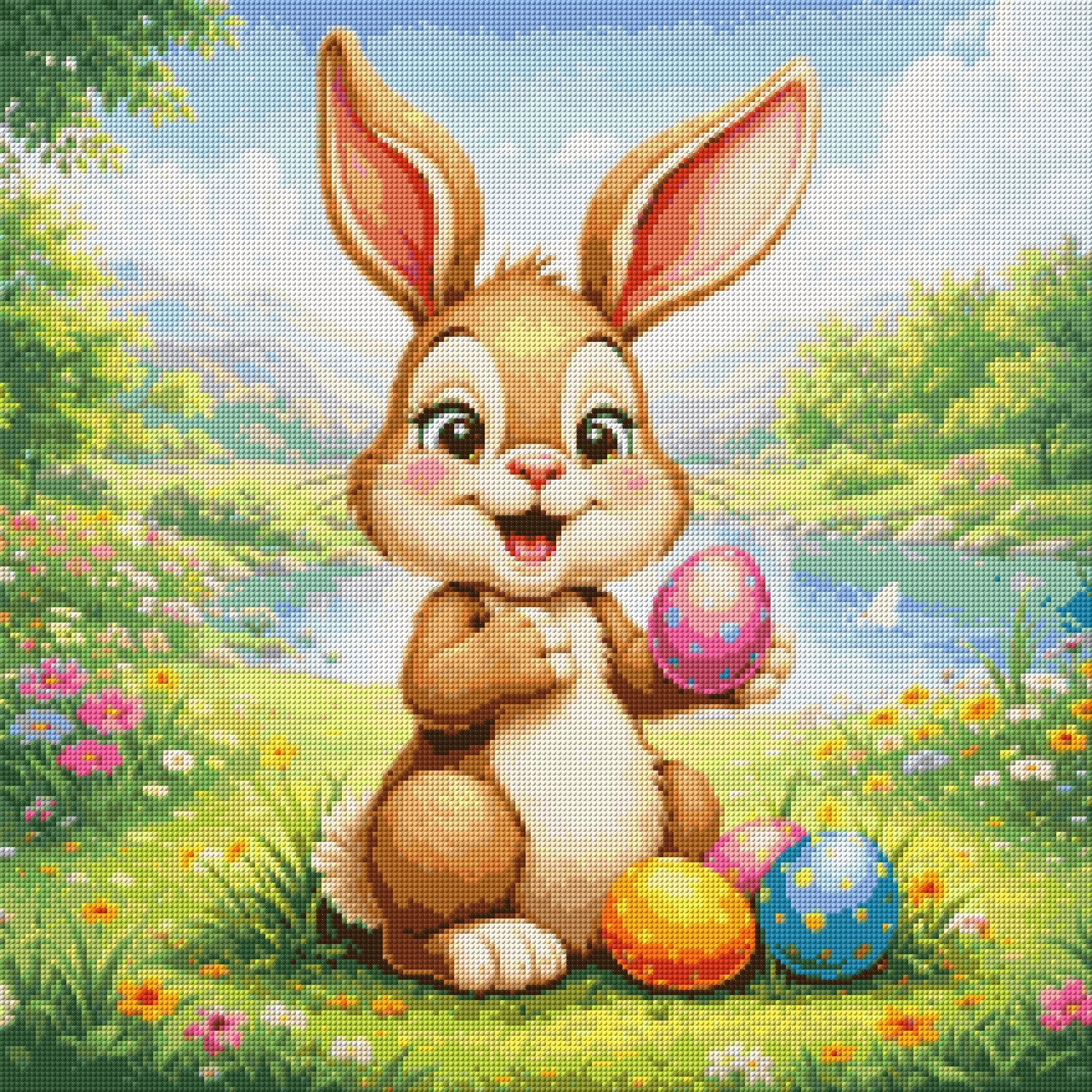 Cheerful bunny holding a colourful Easter egg in a meadow. Size - 60cm x 60cm