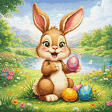 Cheerful bunny holding a colourful Easter egg in a meadow. Size - 60cm x 60cm