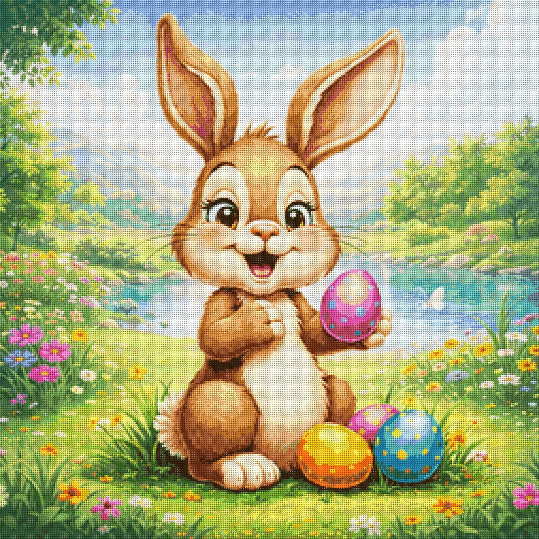 Cheerful bunny holding a colourful Easter egg in a meadow. Size - 80cm x 80cm