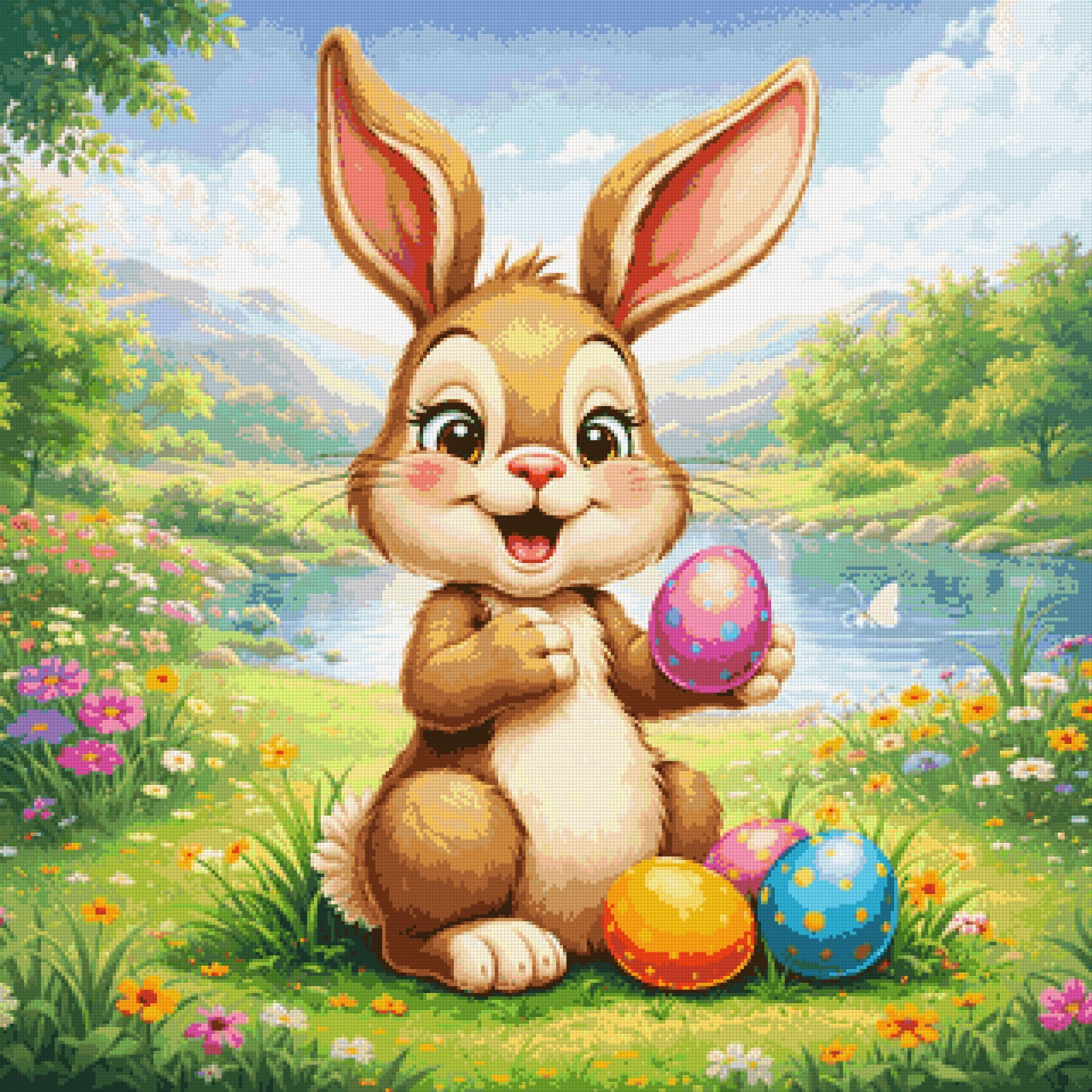 Cheerful bunny holding a colourful Easter egg in a meadow. Size - 80cm x 80cm