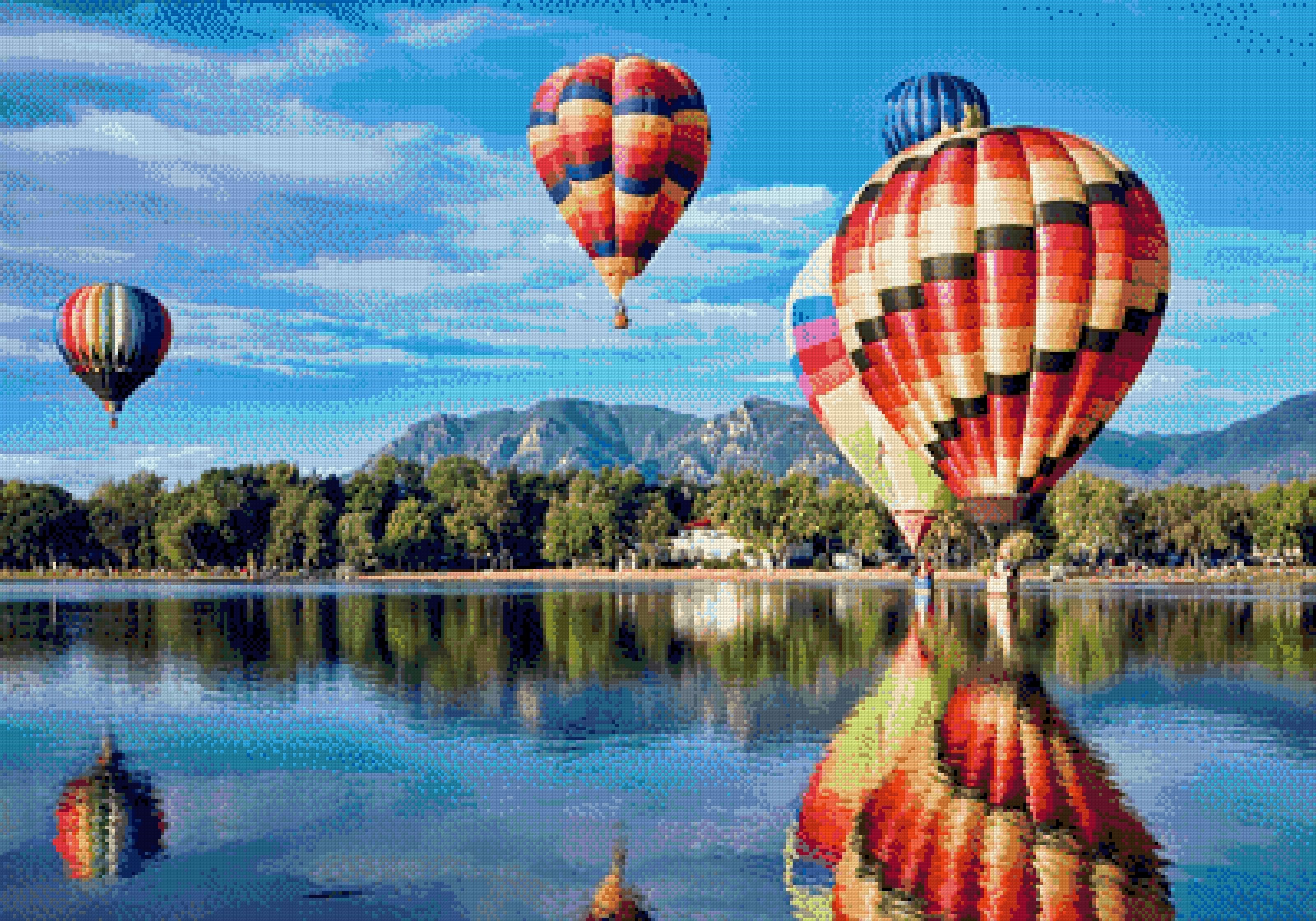 colourful hot air balloons reflecting on a lake with mountains in the background. Size - 100cm x 70cm