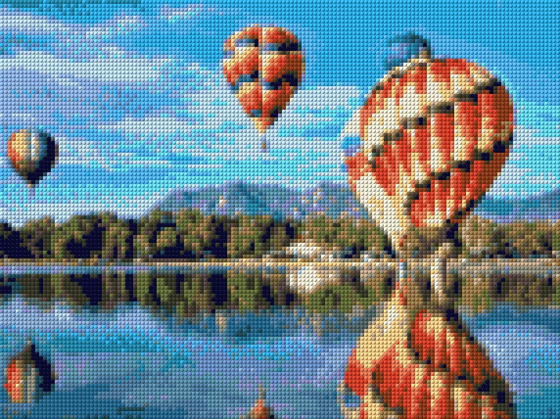 colourful hot air balloons reflecting on a lake with mountains in the background. Size - 40cm x 30cm