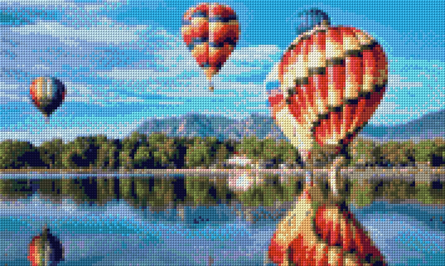 colourful hot air balloons reflecting on a lake with mountains in the background. Size - 50cm x 30cm