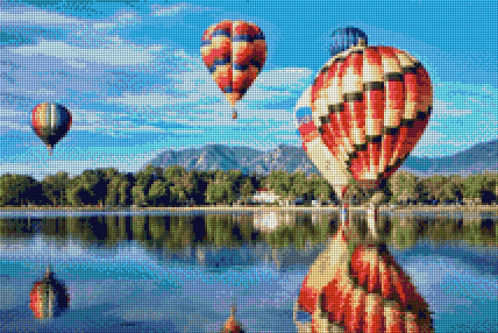 colourful hot air balloons reflecting on a lake with mountains in the background. Size - 60cm x 40cm