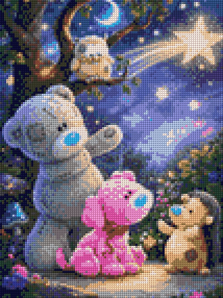 Plush bear, pink puppy, owl, and hedgehog under a shooting star in a whimsical forest. Size - 30cm x 40cm