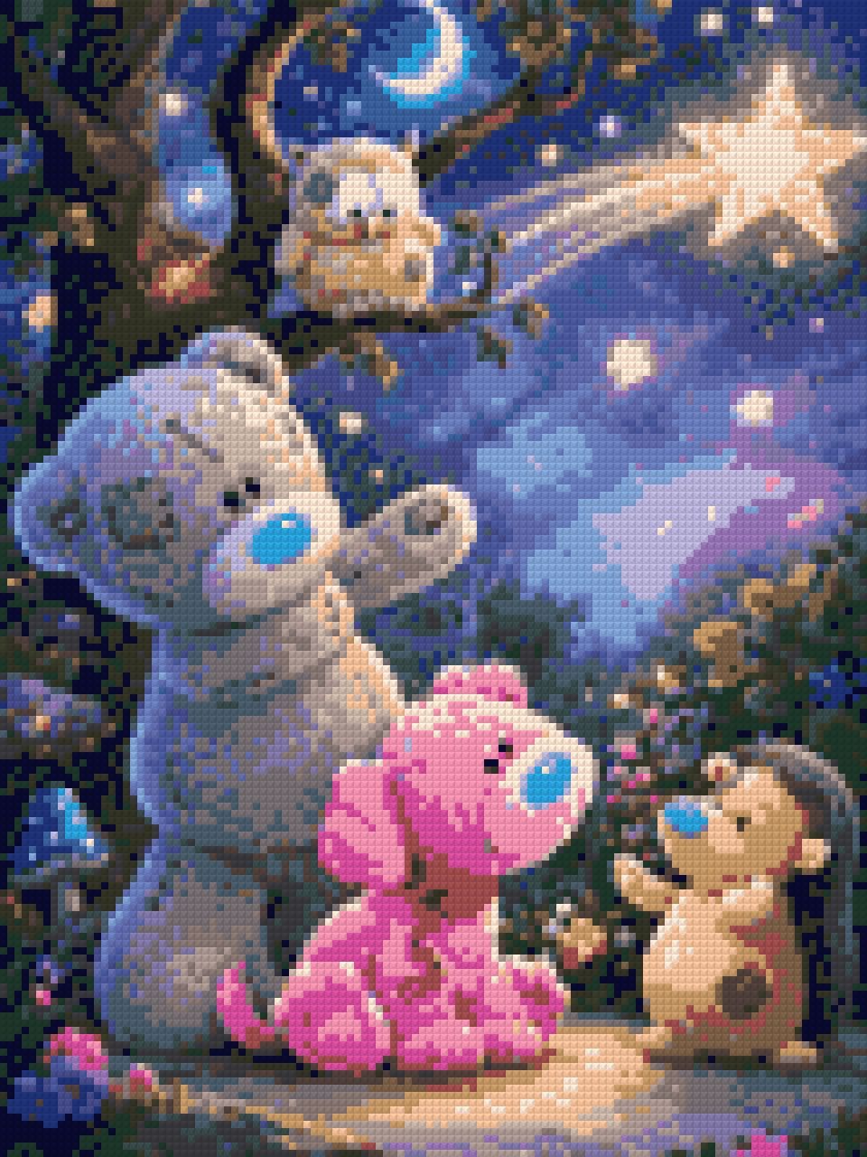 Plush bear, pink puppy, owl, and hedgehog under a shooting star in a whimsical forest. Size - 30cm x 40cm
