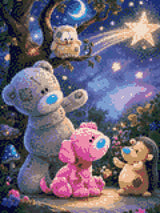 Plush bear, pink puppy, owl, and hedgehog under a shooting star in a whimsical forest. Size - 30cm x 40cm