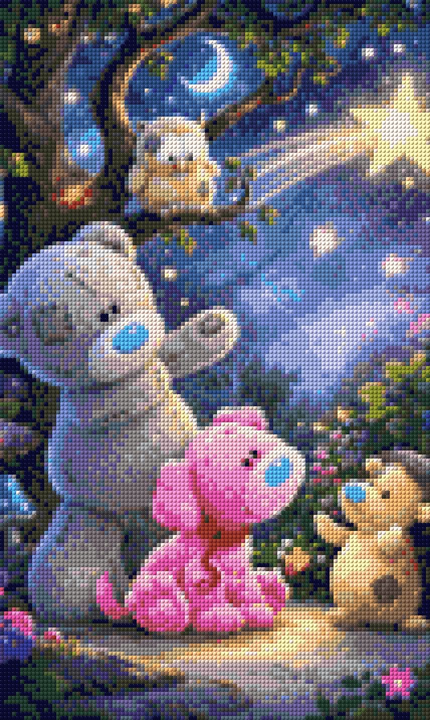 Plush bear, pink puppy, owl, and hedgehog under a shooting star in a whimsical forest. Size - 30cm x 50cm