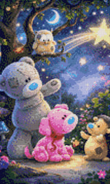 Plush bear, pink puppy, owl, and hedgehog under a shooting star in a whimsical forest. Size - 30cm x 50cm