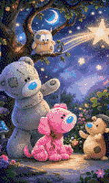 Plush bear, pink puppy, owl, and hedgehog under a shooting star in a whimsical forest. Size - 30cm x 50cm