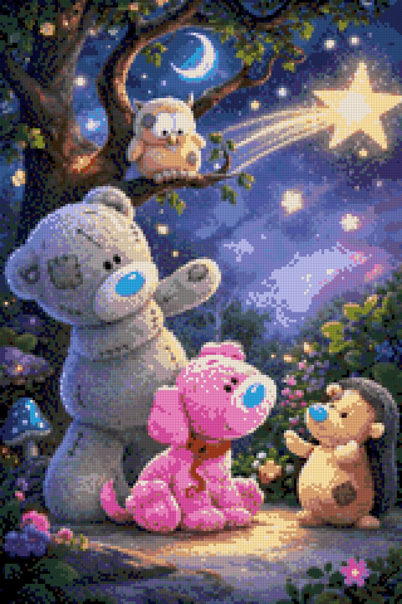 Plush bear, pink puppy, owl, and hedgehog under a shooting star in a whimsical forest. Size - 40cm x 60cm