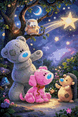 Plush bear, pink puppy, owl, and hedgehog under a shooting star in a whimsical forest. Size - 40cm x 60cm
