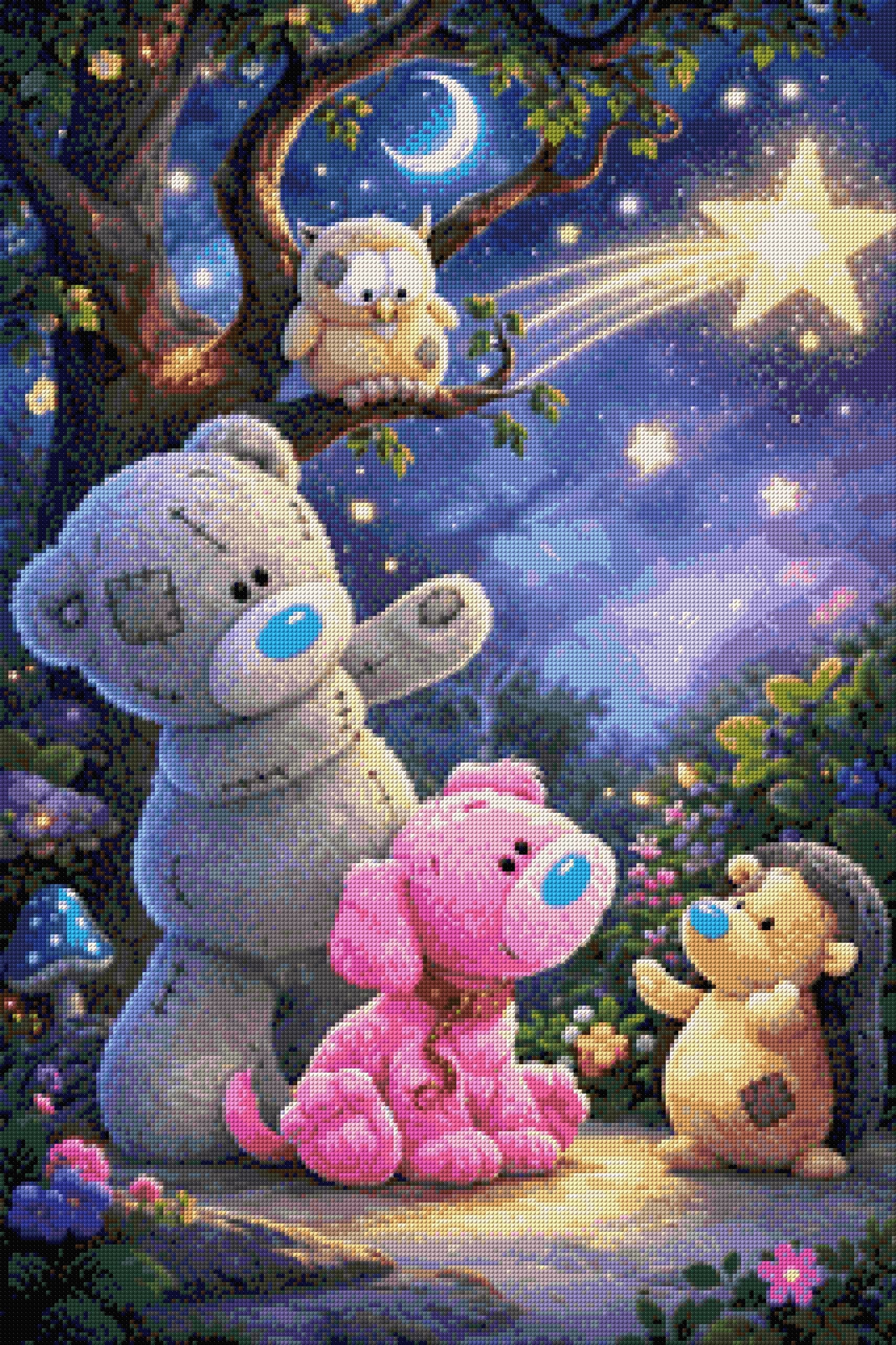 Plush bear, pink puppy, owl, and hedgehog under a shooting star in a whimsical forest. Size - 60cm x 90cm