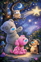 Plush bear, pink puppy, owl, and hedgehog under a shooting star in a whimsical forest. Size - 60cm x 90cm