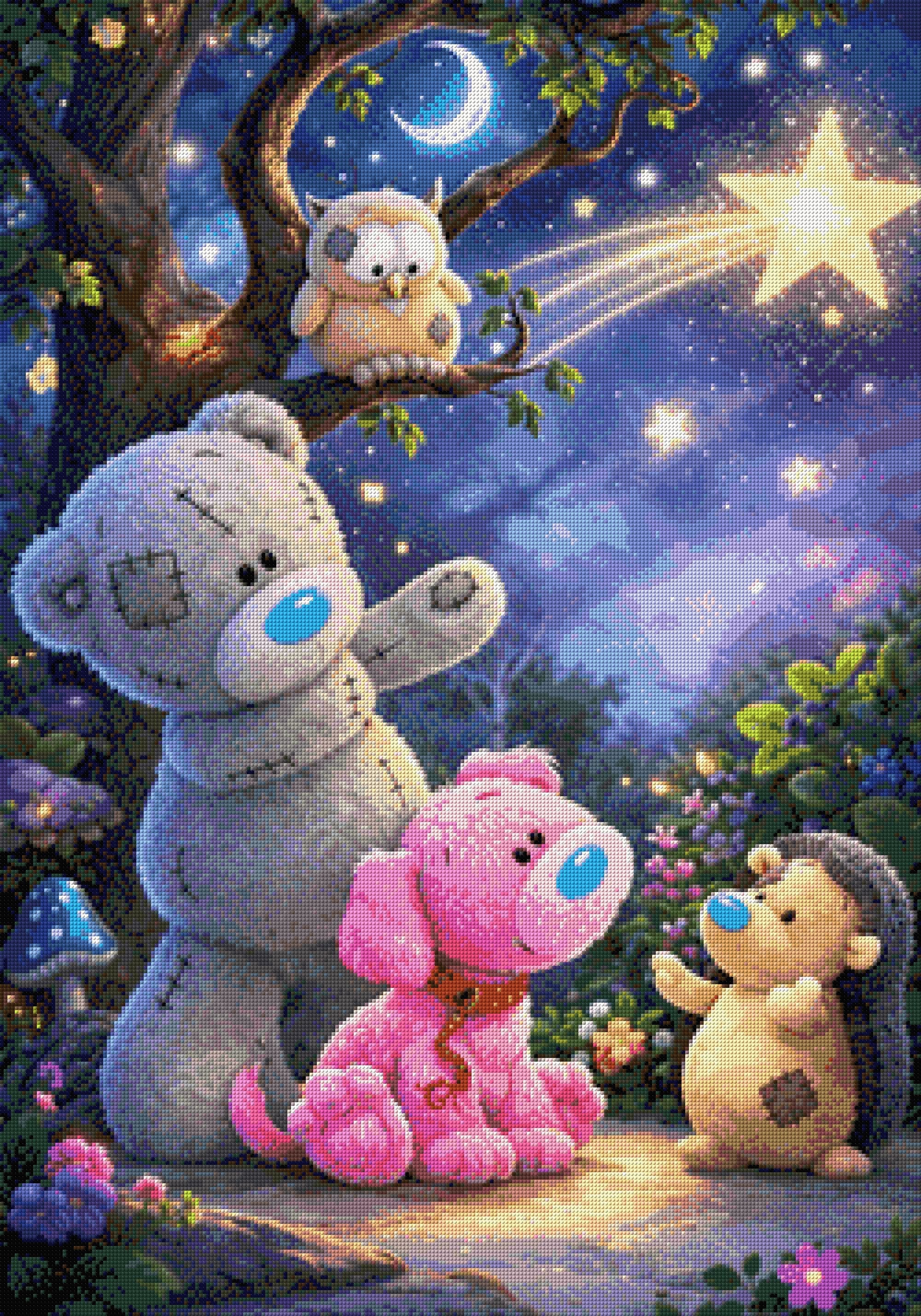 Plush bear, pink puppy, owl, and hedgehog under a shooting star in a whimsical forest. Size - 70cm x 100cm