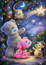 Plush bear, pink puppy, owl, and hedgehog under a shooting star in a whimsical forest. Size - 70cm x 100cm