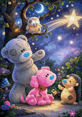 Plush bear, pink puppy, owl, and hedgehog under a shooting star in a whimsical forest. Size - 70cm x 100cm