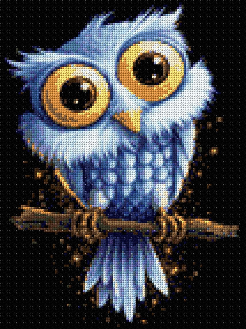 A cute blue owl with large golden eyes sits on a branch against a starry background. Size - 30cm x 40cm