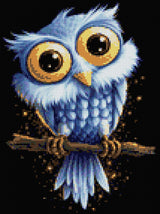 A cute blue owl with large golden eyes sits on a branch against a starry background. Size - 30cm x 40cm