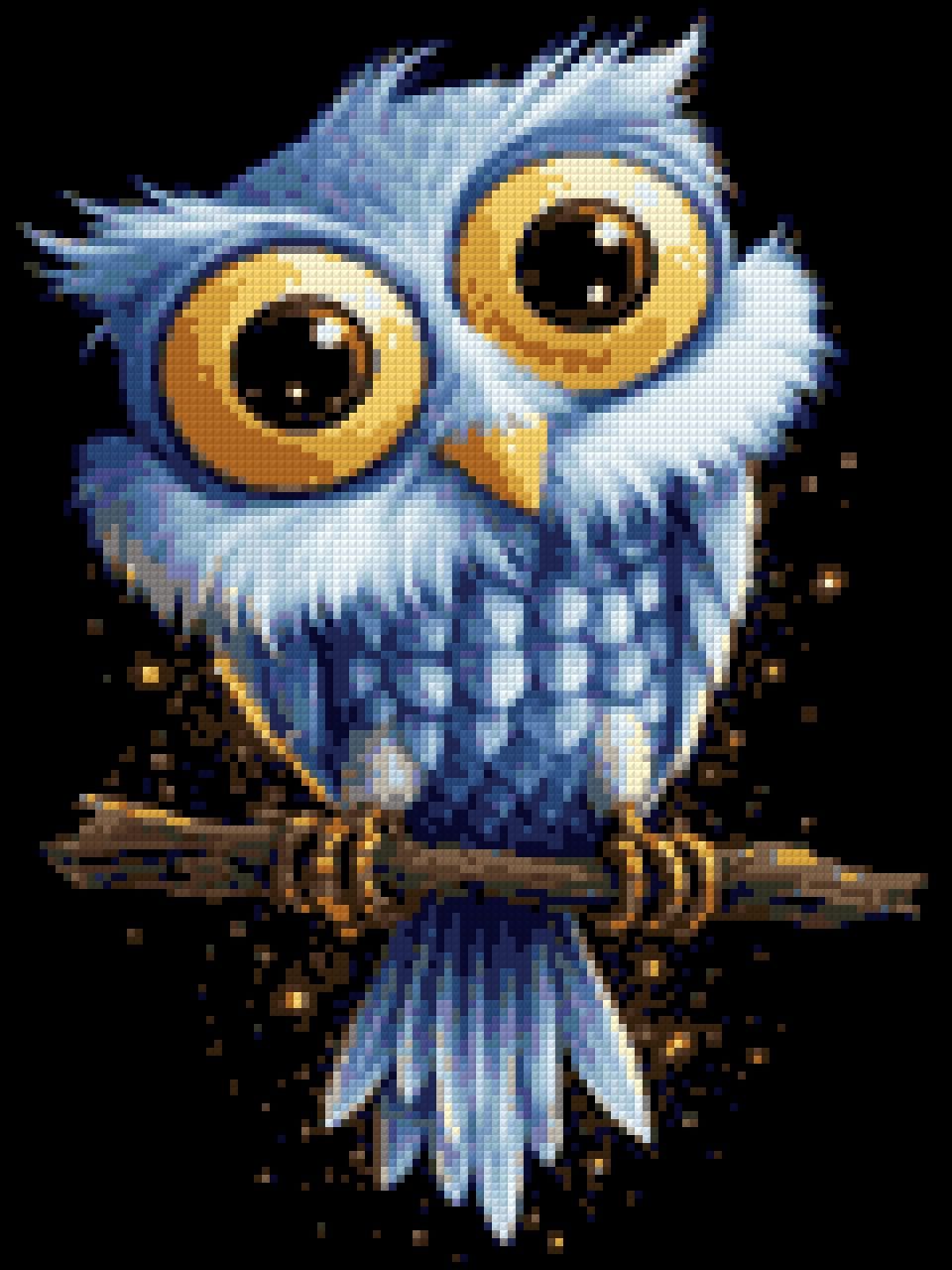 A cute blue owl with large golden eyes sits on a branch against a starry background. Size - 30cm x 40cm