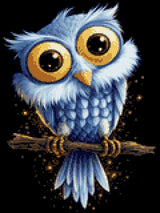 A cute blue owl with large golden eyes sits on a branch against a starry background. Size - 30cm x 40cm