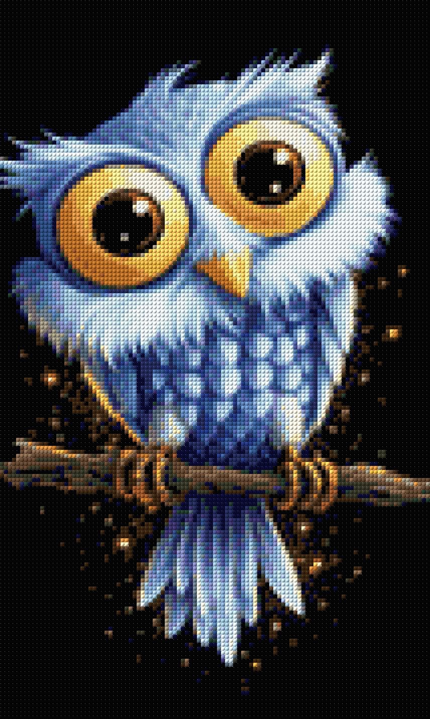 A cute blue owl with large golden eyes sits on a branch against a starry background. Size - 30cm x 50cm