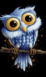 A cute blue owl with large golden eyes sits on a branch against a starry background. Size - 30cm x 50cm