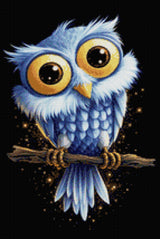 A cute blue owl with large golden eyes sits on a branch against a starry background. Size - 40cm x 60cm