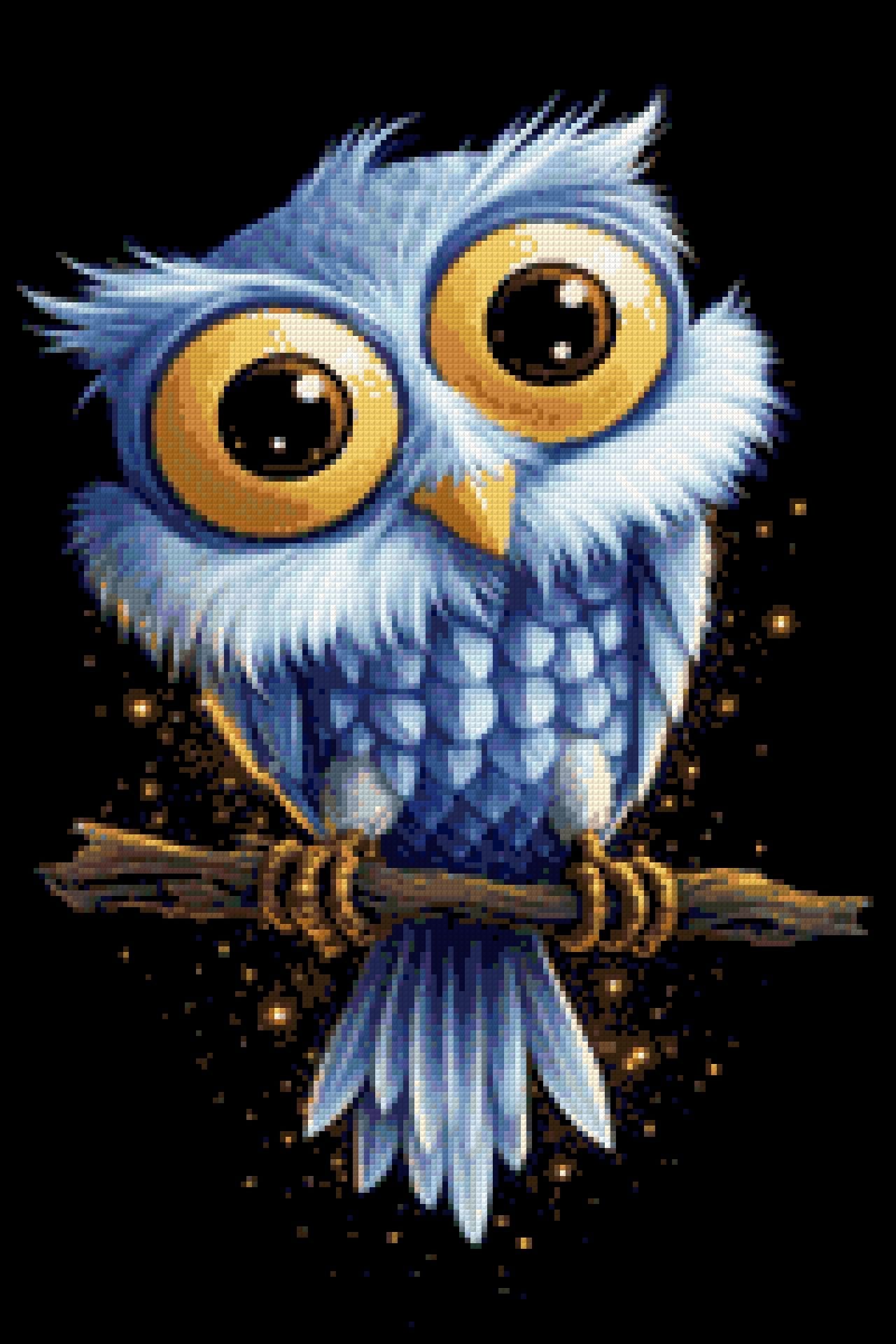 A cute blue owl with large golden eyes sits on a branch against a starry background. Size - 40cm x 60cm