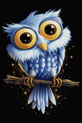 A cute blue owl with large golden eyes sits on a branch against a starry background. Size - 60cm x 90cm