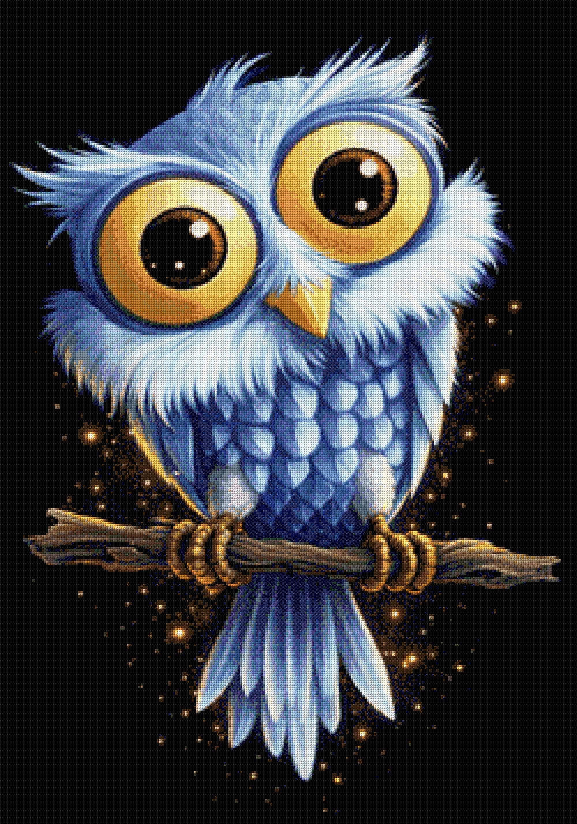 A cute blue owl with large golden eyes sits on a branch against a starry background. Size - 70cm x 100cm