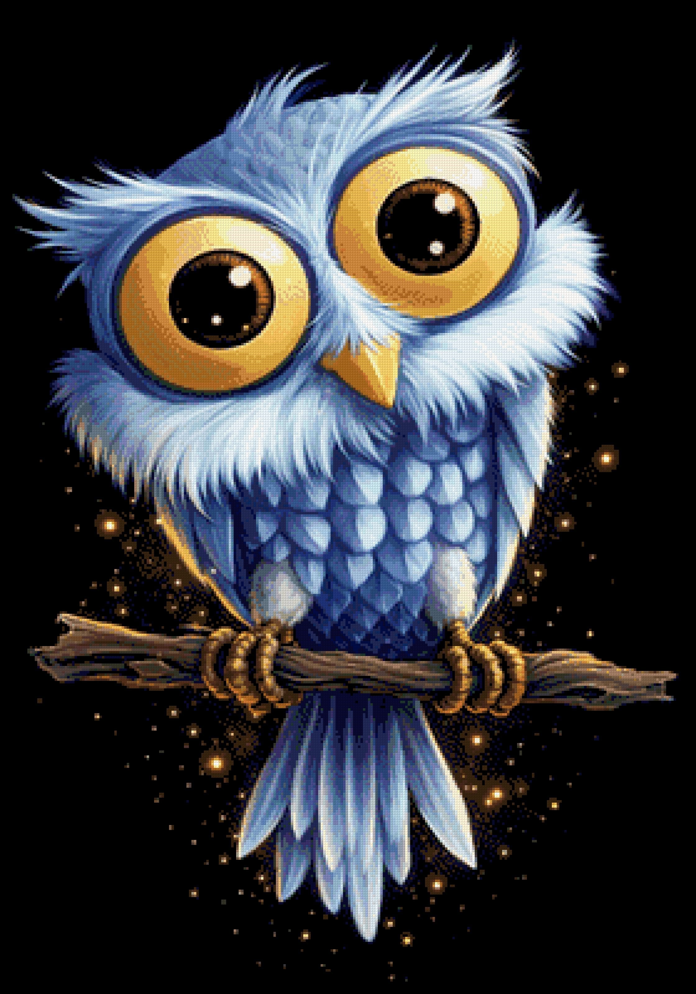 A cute blue owl with large golden eyes sits on a branch against a starry background. Size - 70cm x 100cm