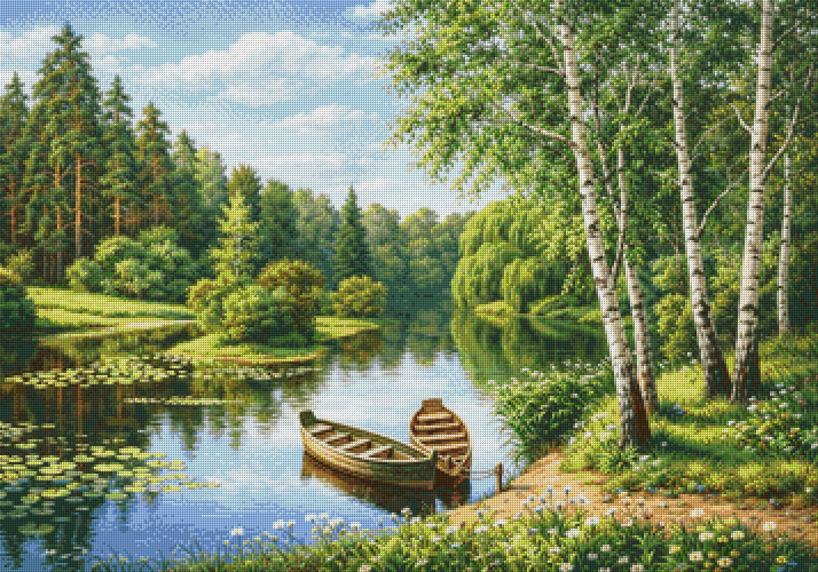 Two boats on a tranquil river surrounded by lush greenery and birch trees. Size - 100cm x 70cm