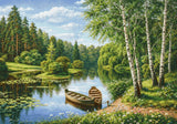 Two boats on a tranquil river surrounded by lush greenery and birch trees. Size - 100cm x 70cm