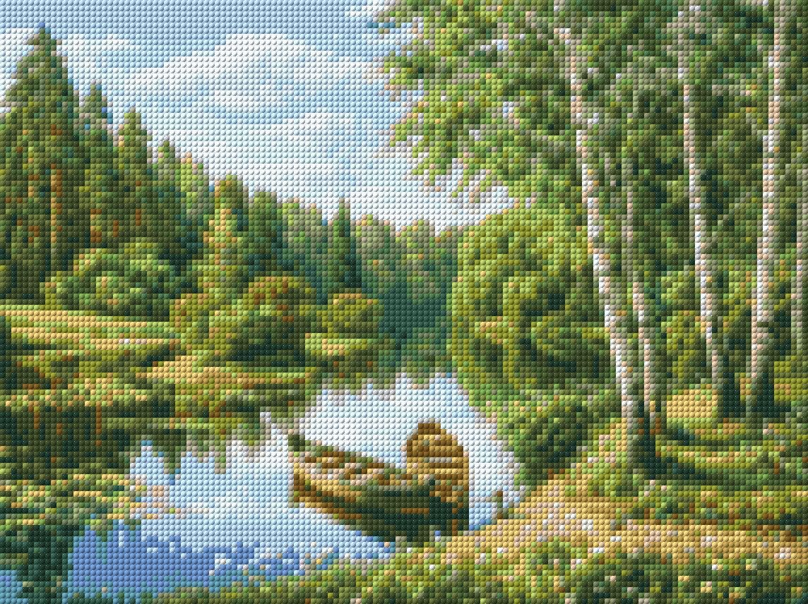 Two boats on a tranquil river surrounded by lush greenery and birch trees. Size - 40cm x 30cm