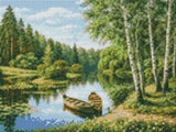 Two boats on a tranquil river surrounded by lush greenery and birch trees. Size - 40cm x 30cm