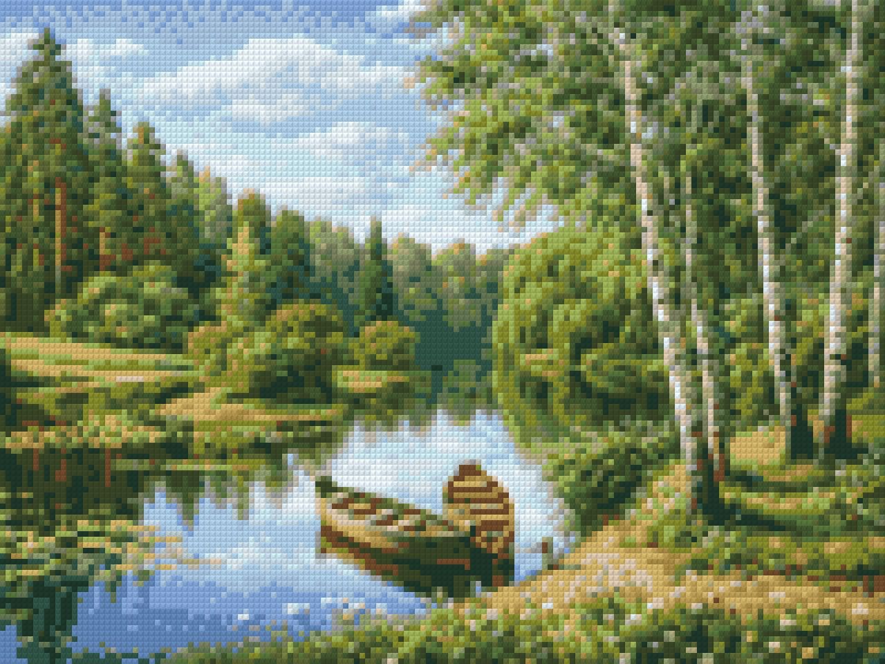 Two boats on a tranquil river surrounded by lush greenery and birch trees. Size - 40cm x 30cm