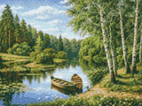 Two boats on a tranquil river surrounded by lush greenery and birch trees. Size - 40cm x 30cm