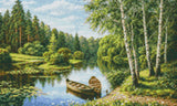 Two boats on a tranquil river surrounded by lush greenery and birch trees. Size - 50cm x 30cm