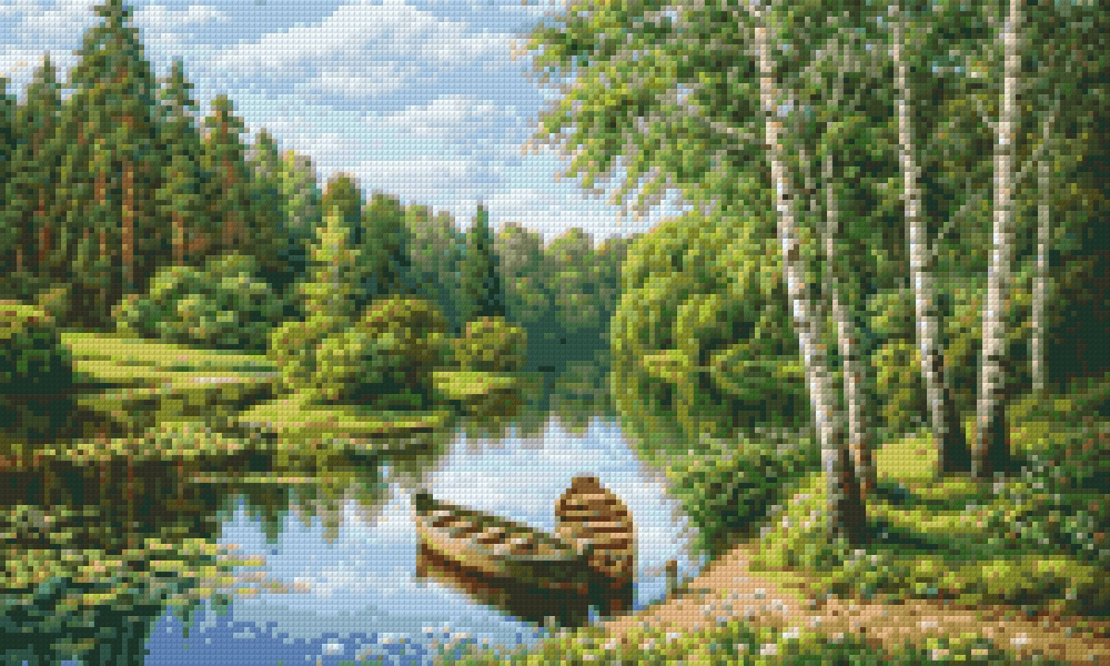 Two boats on a tranquil river surrounded by lush greenery and birch trees. Size - 50cm x 30cm