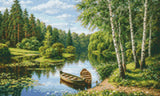 Two boats on a tranquil river surrounded by lush greenery and birch trees. Size - 50cm x 30cm