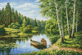 Two boats on a tranquil river surrounded by lush greenery and birch trees. Size - 60cm x 40cm