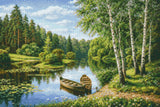 Two boats on a tranquil river surrounded by lush greenery and birch trees. Size - 60cm x 40cm